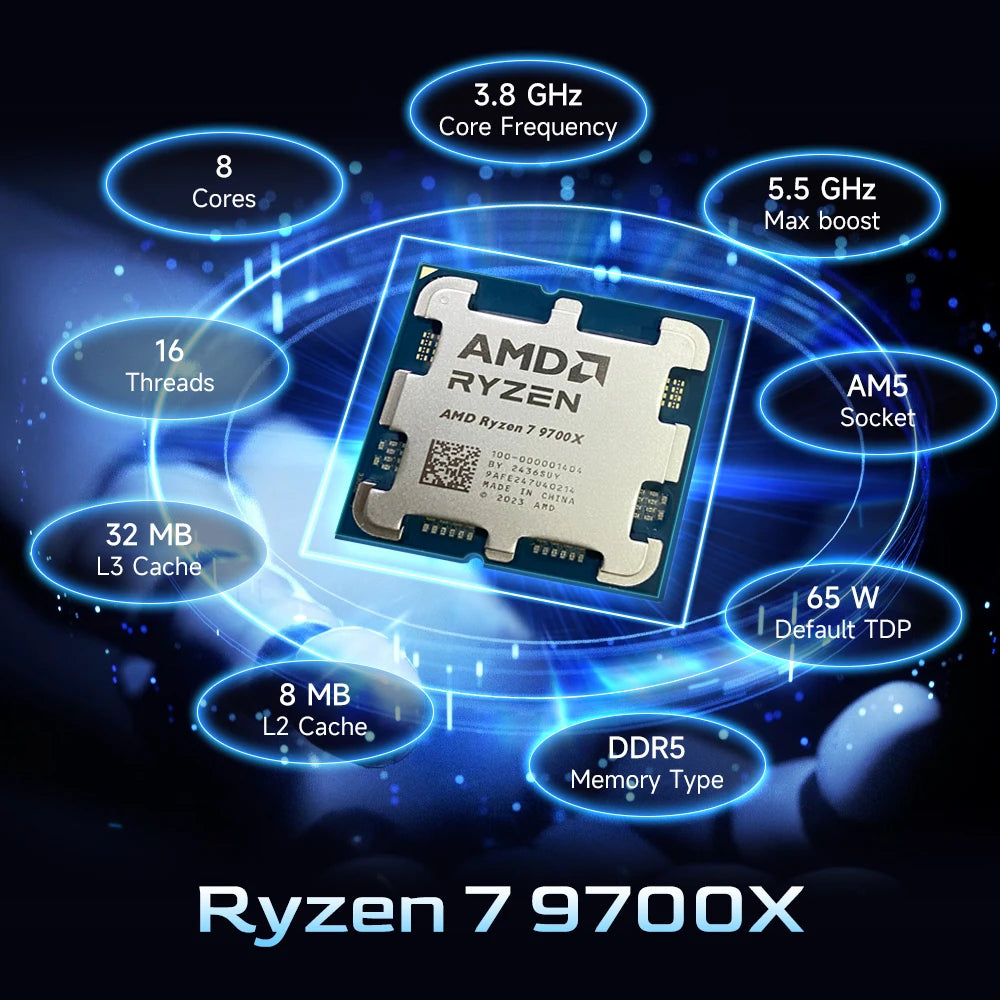 AMD Ryzen 7 9700X 8-Core 16-Thread 4NM L3=32M NEW 3.8GHz Processor 65W DDR5 Socket AM5 R7 9700X but without fan