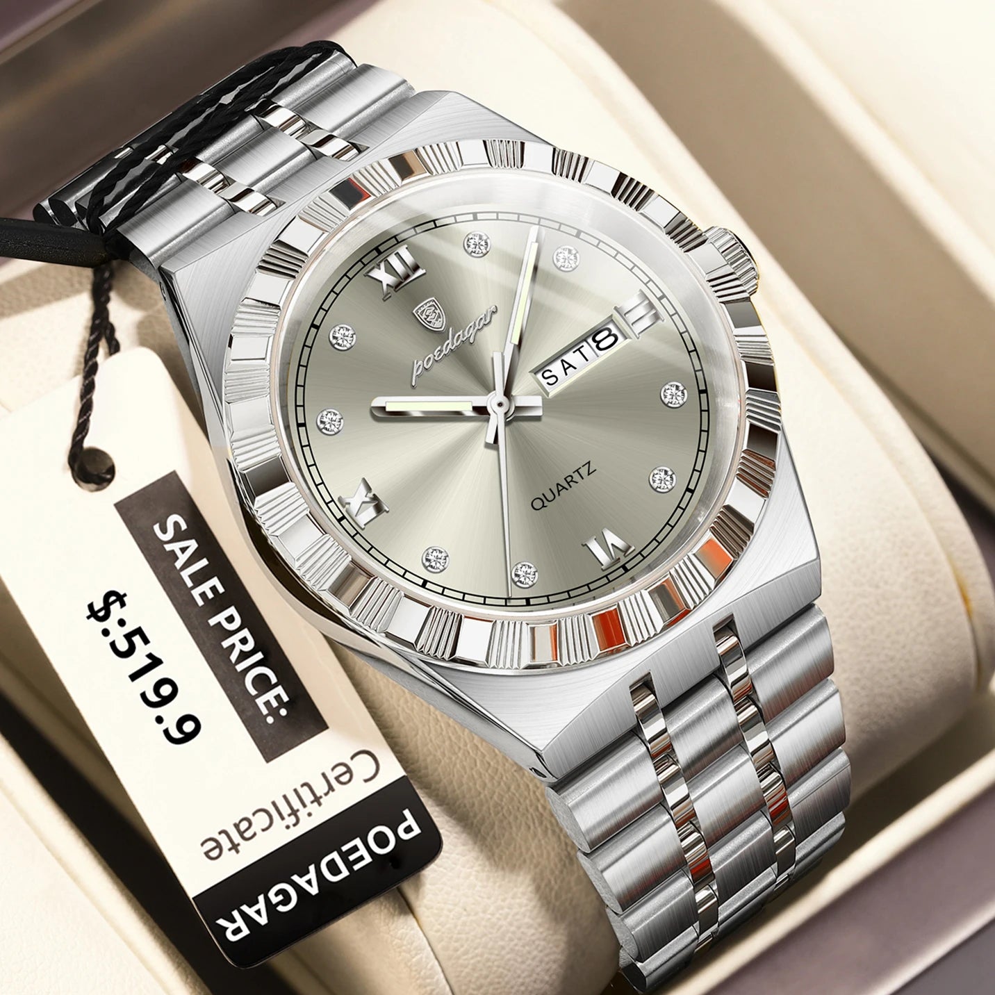 POEDAGAR Luxury Business Male Watch Waterproof Luminous Week Date Men's Wristwatch Stainless Steel Trendy Quartz Watches For Men