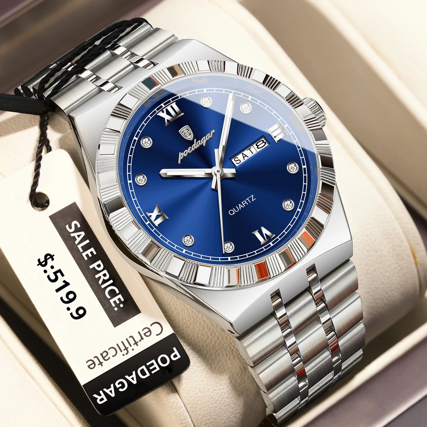 POEDAGAR Luxury Business Male Watch Waterproof Luminous Week Date Men's Wristwatch Stainless Steel Trendy Quartz Watches For Men