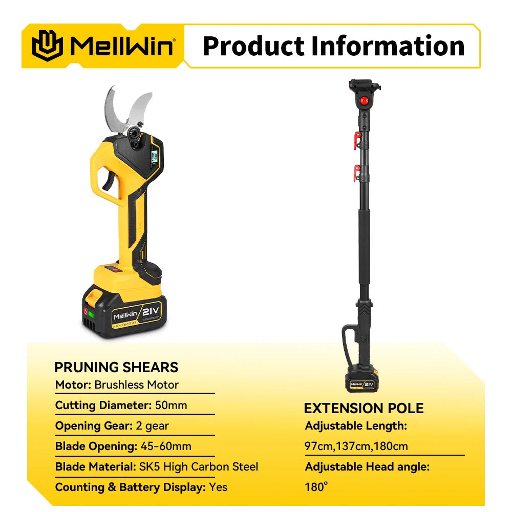 MELLWIN Brushless Electric Pruner Shear With 180CM Telescoping Pole Garden Pole Pruner Shear Tool For Makita 18V Battery Pin