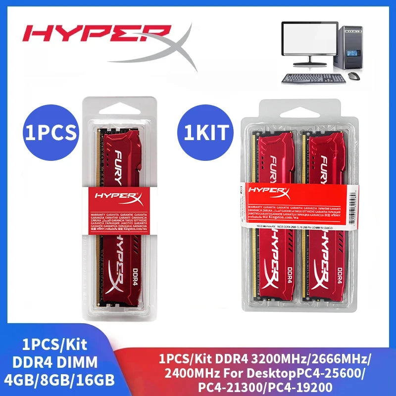 1Pcs/1Kit Hyperx RAM DDR4 Memoria 16GB 8GB 4GB 3200MHz 2666MHz 2400MHz 1.2V Desktop Memory PC4-25600 21300 19200 DIMM 288pin
