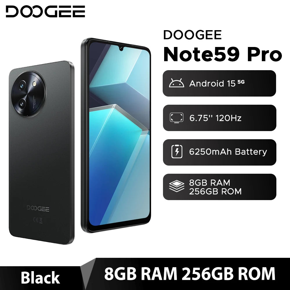 DOOGEE Note59 Pro 5G Smartphone 6.75" HD+ Android 15 Mobile Phone 8GB RAM 256GB ROM 6250mAh Battery NFC Global Version  Cellphon