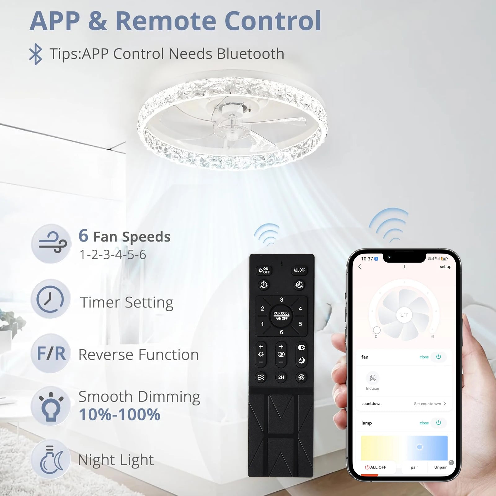 LED Ceiling Light Ceiling Fan Modern Simple Home Bedroom Remote Control Dimmable Fan Light 19.7 in