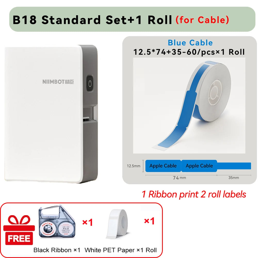 Niimbot N1/B18 Thermal Transfer Label Printer Self-Adhesive Waterproof Cord Labels Tag Wireless Label Maker Cable with Ribbon