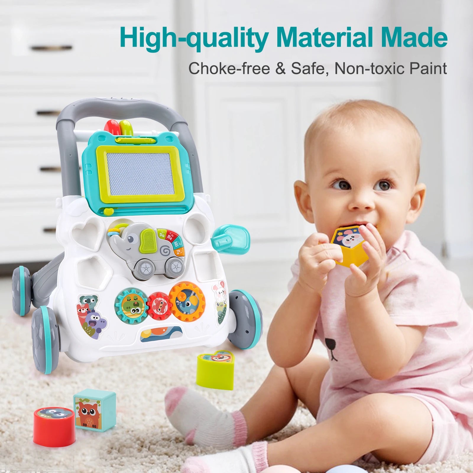 Cartoon Baby Push Walker Toy with Music Drawing Board Multifunction Activity Toddler Walker Learning Walk for 6M+ Infant
