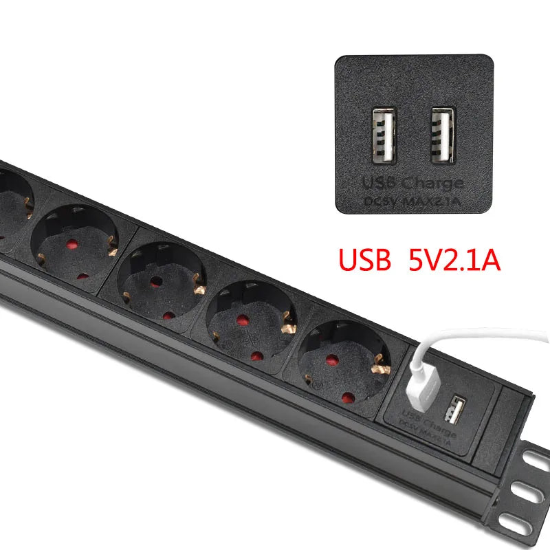 IEC-C14 Port PDU Power Strip with 2-10 Ways EU Outlet Socket  extend with network cabinet rack 2 USB charging