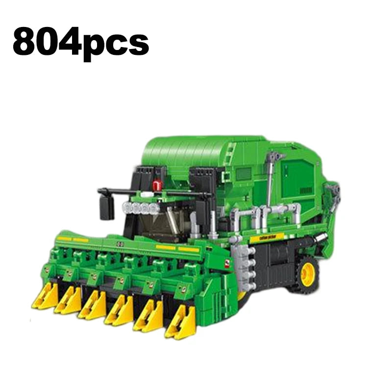 Educational Building Block Set Harvesting Locomotive with Five-Plow Tractor Cotton Picker Car Crane Arm Trailer for Kids Toy