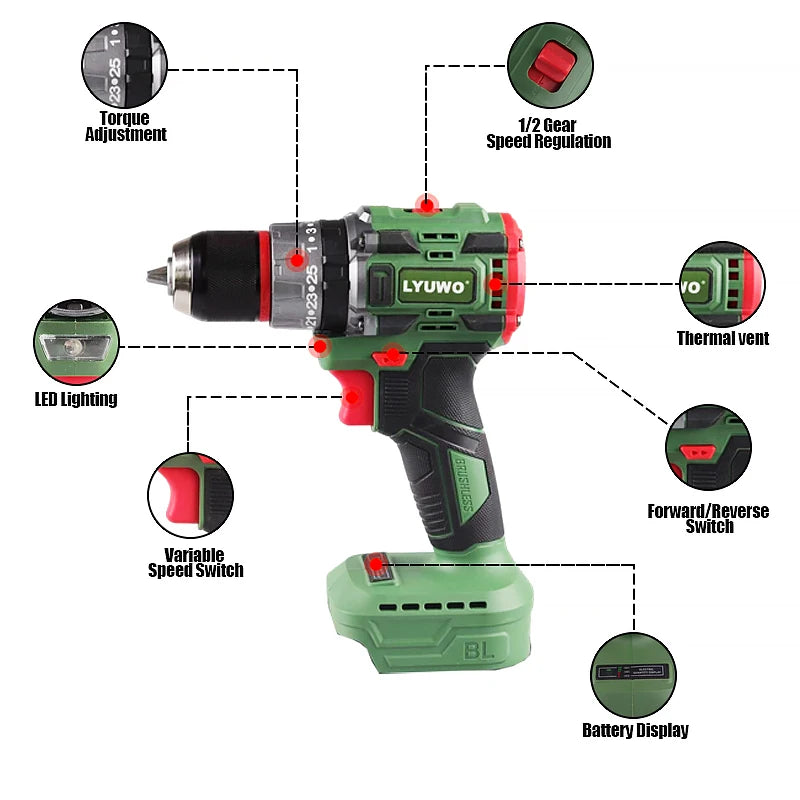 LYUWO Brushless Cordless Electric Screwdriver Kit with Fast-Charging Battery,LED Work Light&Ergonomic Grip(Drill/Driver 2-in-1)