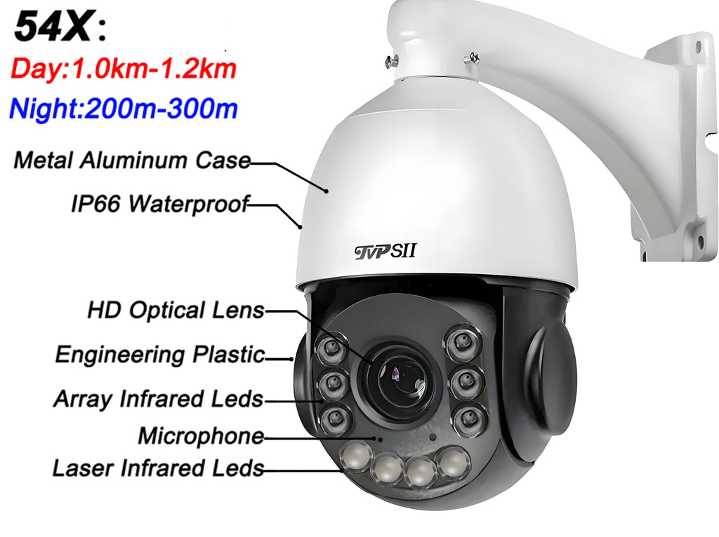 Laser Infrared Metal Tracking Cruise 30fps 8MP 4K 90X 54X Optical Zoom 360° Audio POE PTZ Speed Dome Surveillance IP Camera