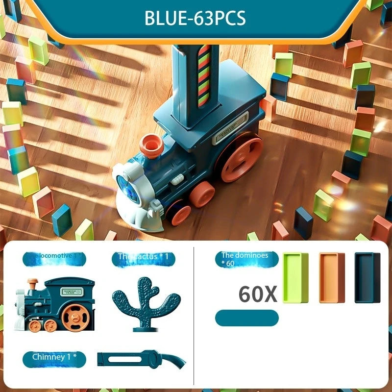 Automatic Domino Laying Toy Electric Car, 60PCS Colorful Blocks with Sound & Light, STEM Educational Building Kit for Kids