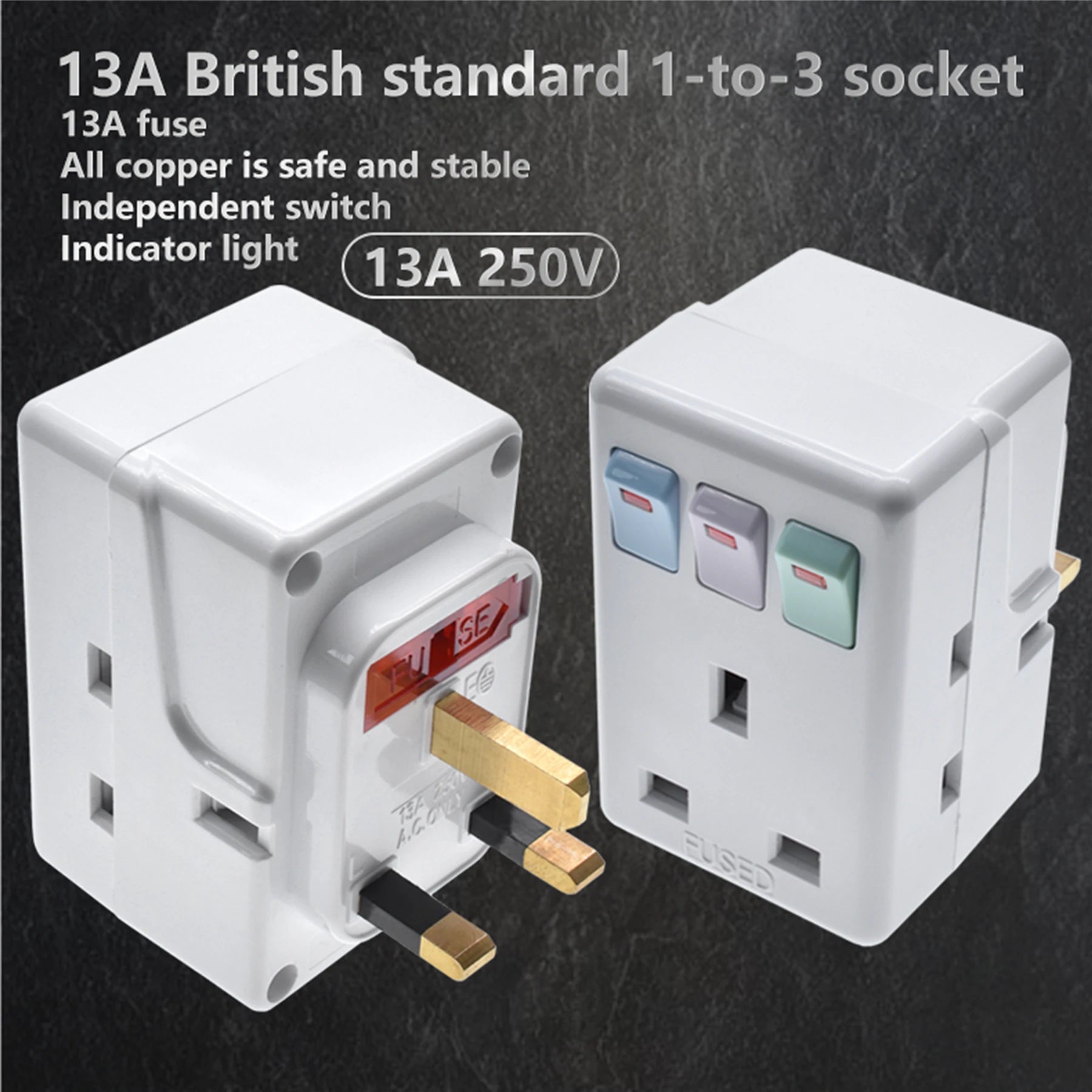 UK Plug 250V13A AC Portable Multi 1 to 3 ways Travel Adapter Power Malaysia Kong with Independent Control Switch Conversion Plug