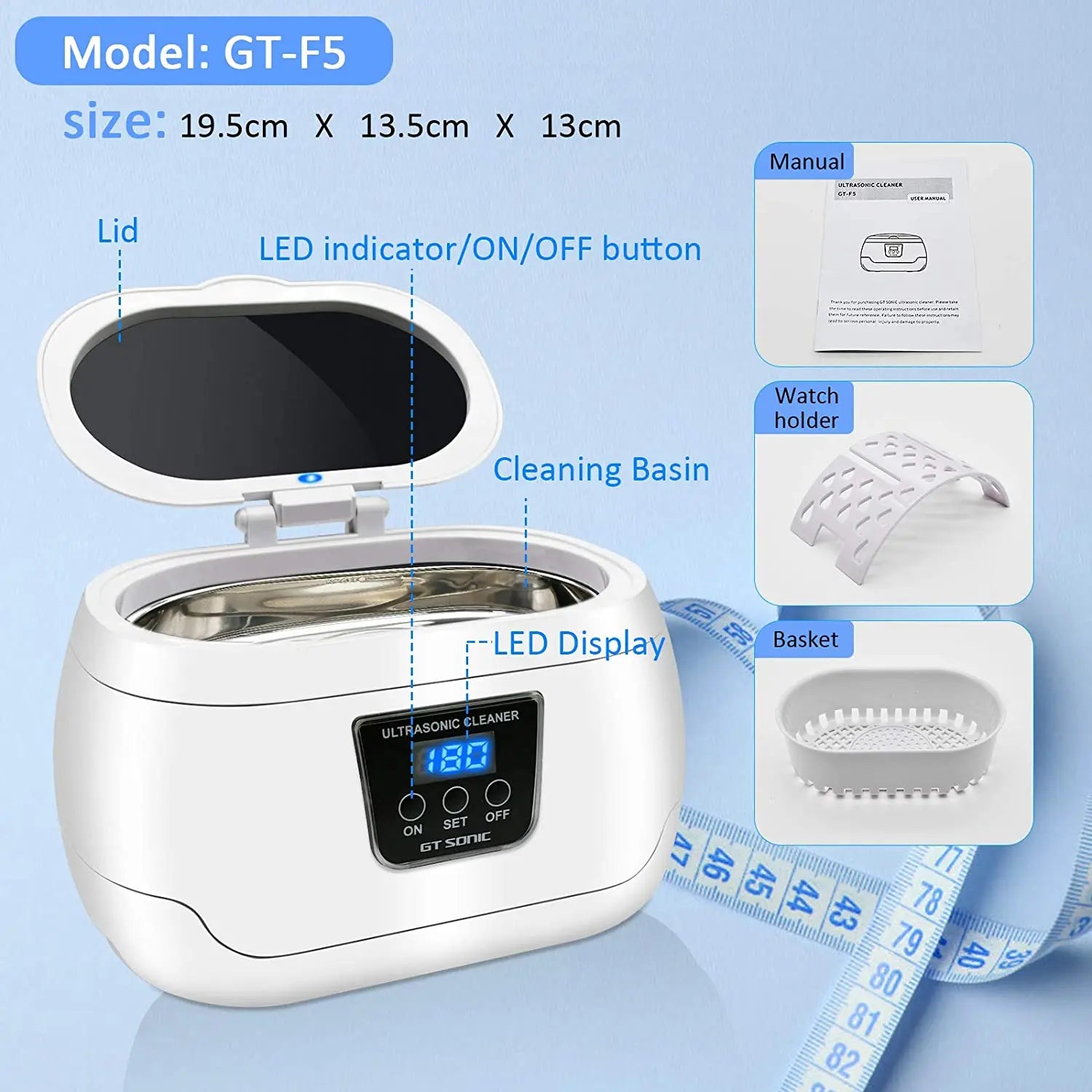 GTSONIC 600ML Ultrasonic Cleaner Bath Timer for Jewelry Parts Glasses Manicure Stones Cutters Dental Razor Brush UltrasoundSonic