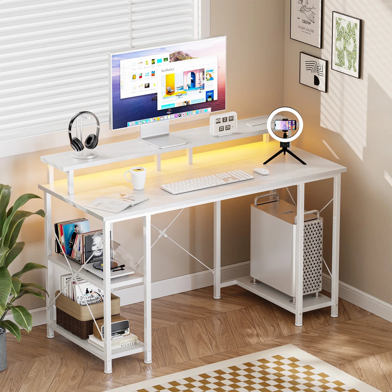 JHK 48 Inch Computer Desk with with Shelves Storage Drawers Office Wood Table with LED Lights Power Outlets Gaming Desk