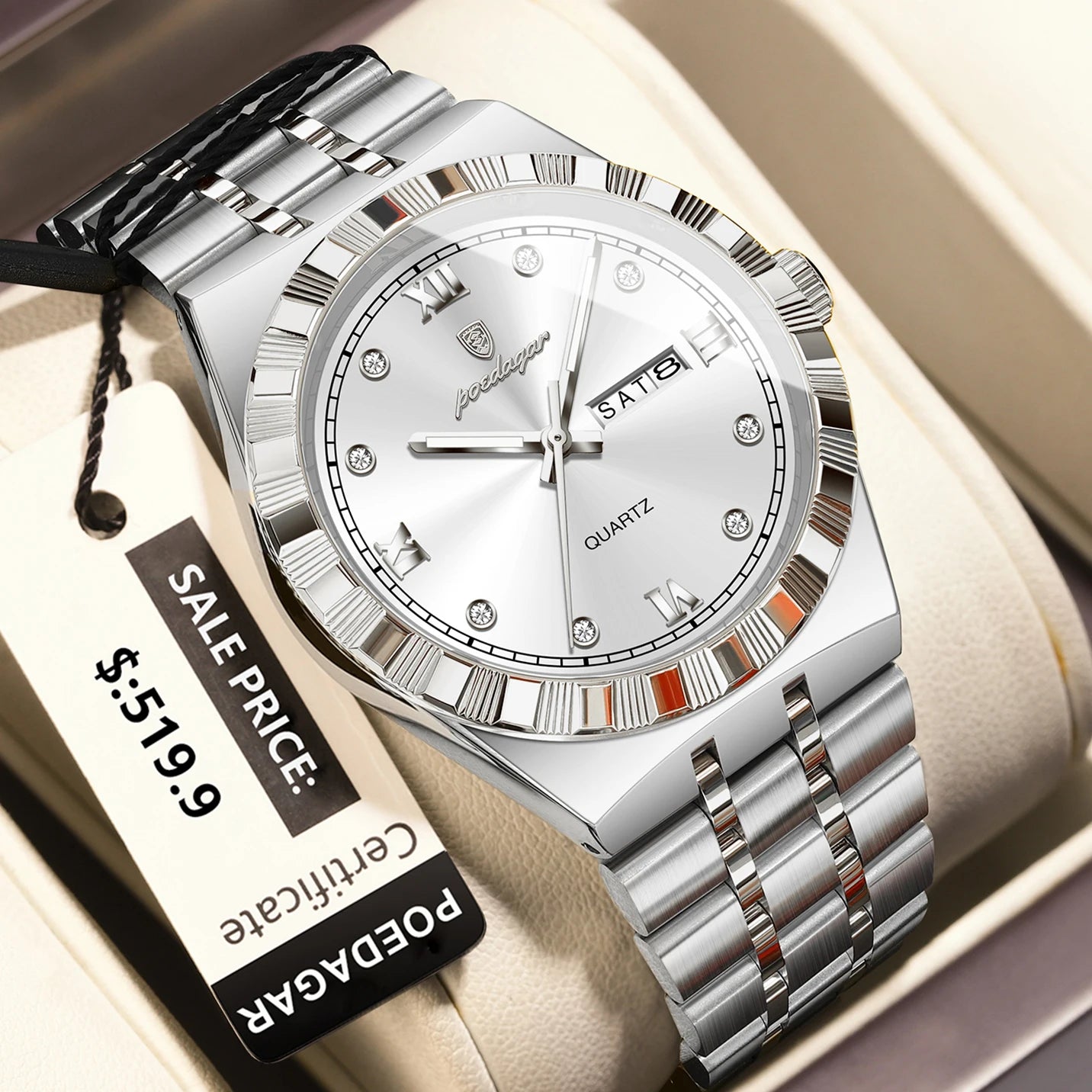 POEDAGAR Luxury Business Male Watch Waterproof Luminous Week Date Men's Wristwatch Stainless Steel Trendy Quartz Watches For Men