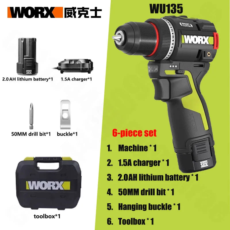 WORX Cordless Electric Drill 12V 50Nm 1800rpm Smart Clucth Auto Stop Brushless Motor Metalworking Home Power Tools WU135