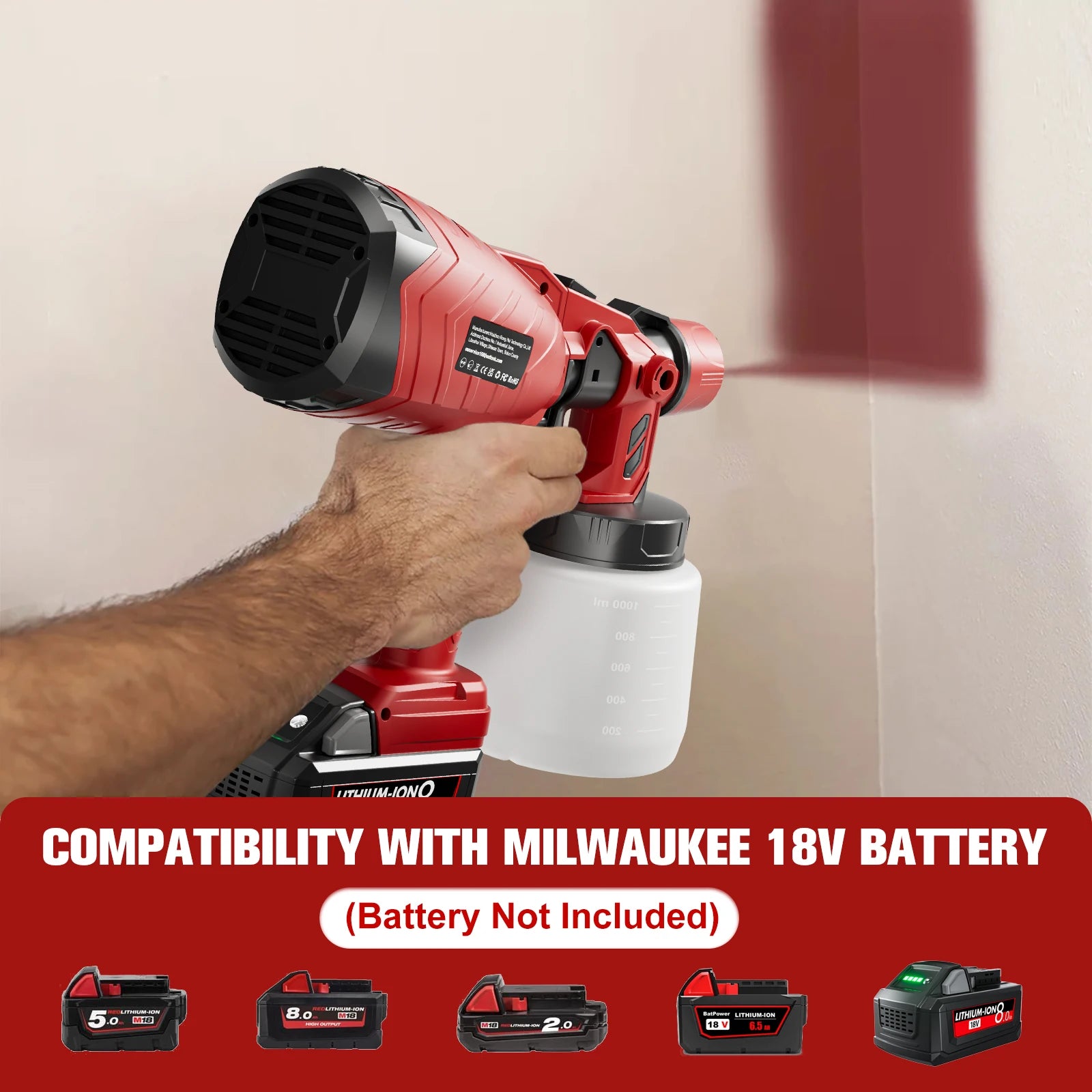 Nananuu 1000ML Cordless Spray Gun For Milwaukee 18V Battery Rechargeable Paint Sprayer For Car Home Windows Power Tool