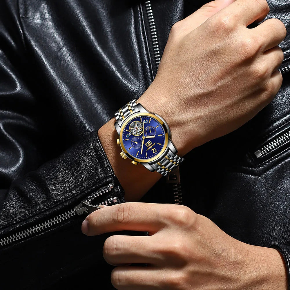 POEDAGAR Automatic Mechanical Luxury Wristwatch Tourbillon Waterproof Date&Week Stainless Steel Men Watch Relogio Masculino+box
