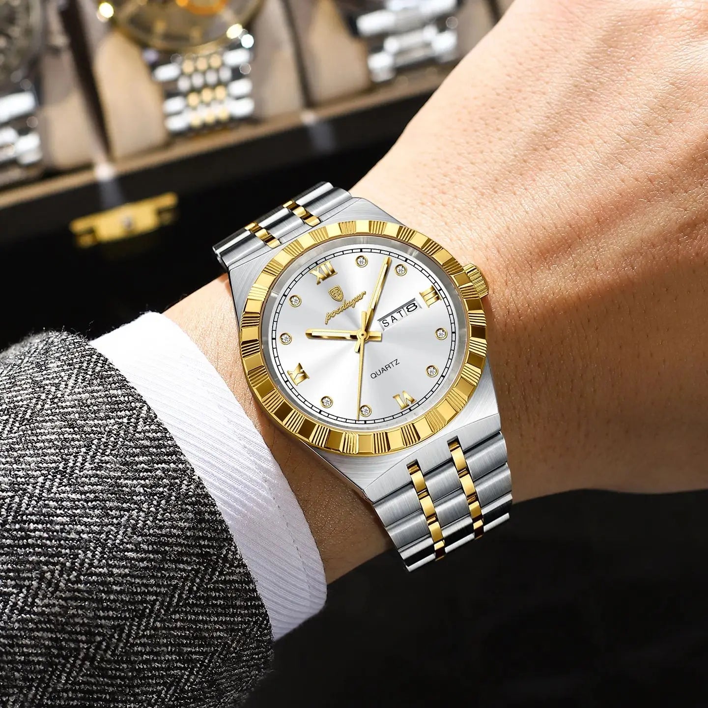 POEDAGAR Luxury Business Male Watch Waterproof Luminous Week Date Men's Wristwatch Stainless Steel Trendy Quartz Watches For Men