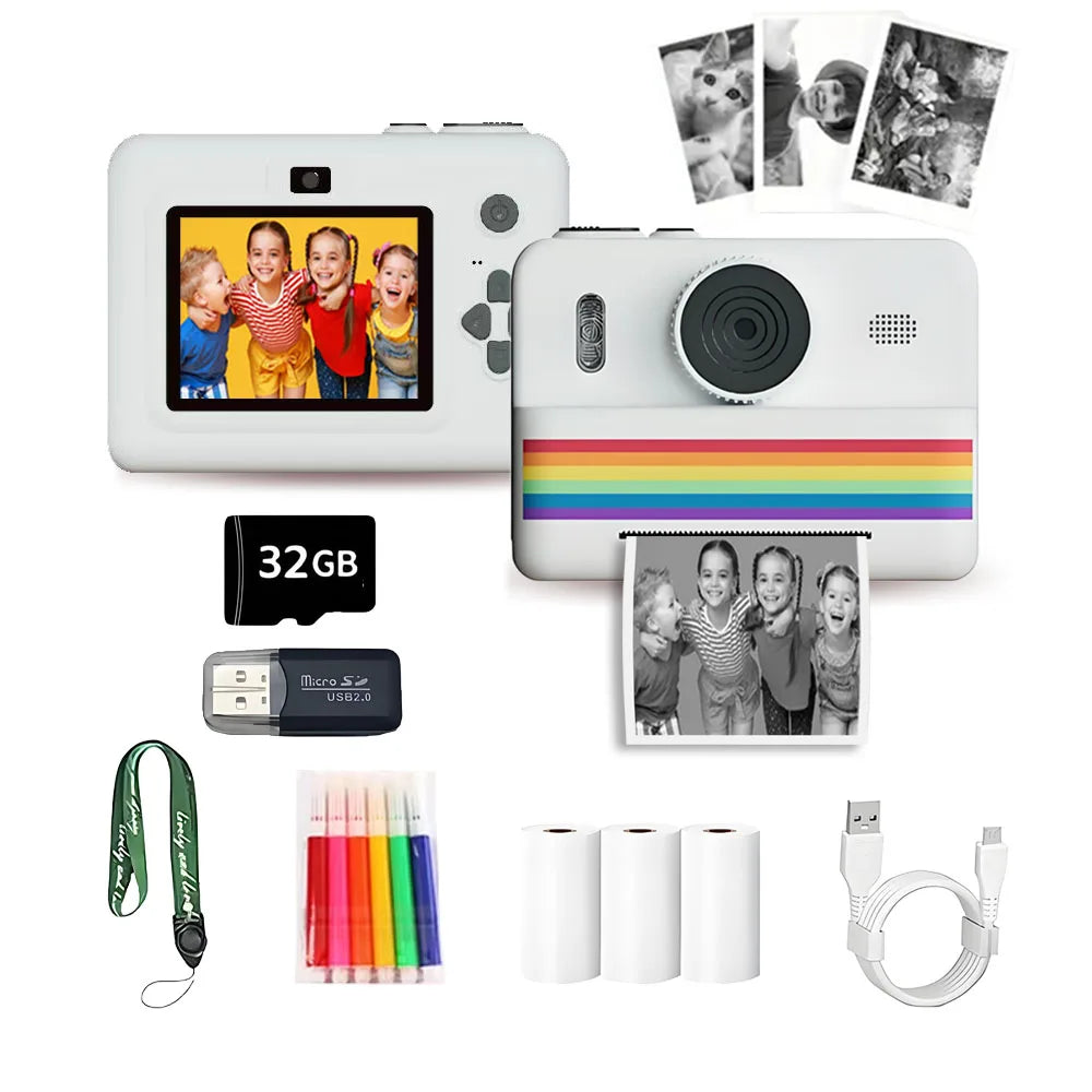 Kids Camera Instant Print Toy 2.8-Inch HD Screen With 32G Memory Card And 3 Rolls Of Printing Paper, Gift For Boys And Girls