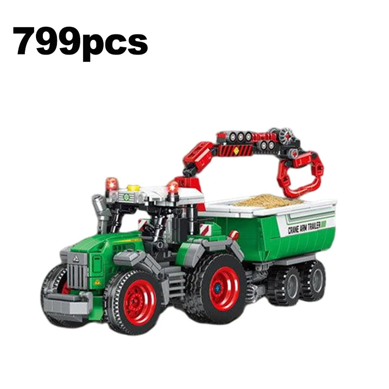 Educational Building Block Set Harvesting Locomotive with Five-Plow Tractor Cotton Picker Car Crane Arm Trailer for Kids Toy