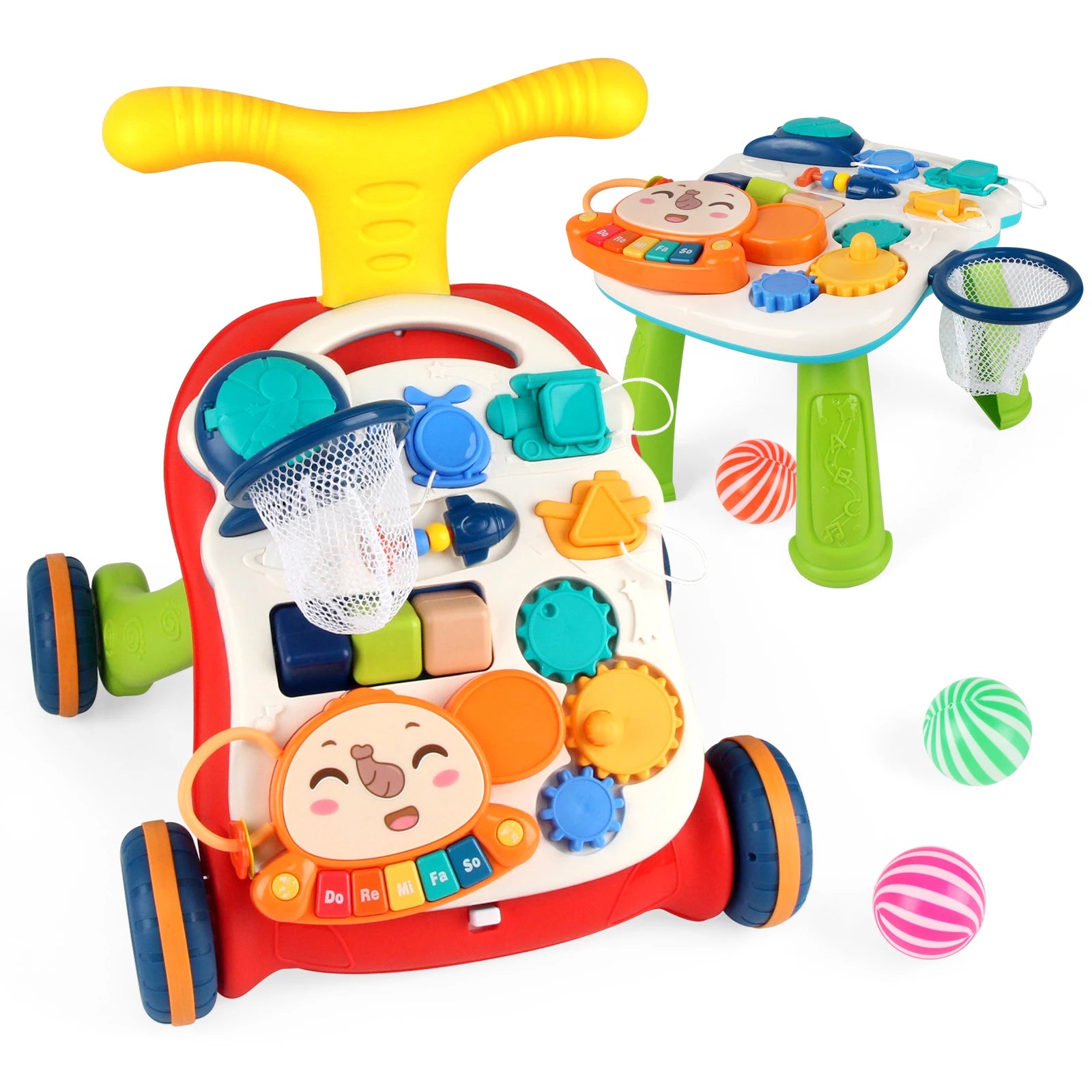Cartoon Baby Push Walker Toy with Music Drawing Board Multifunction Activity Toddler Walker Learning Walk for 6M+ Infant