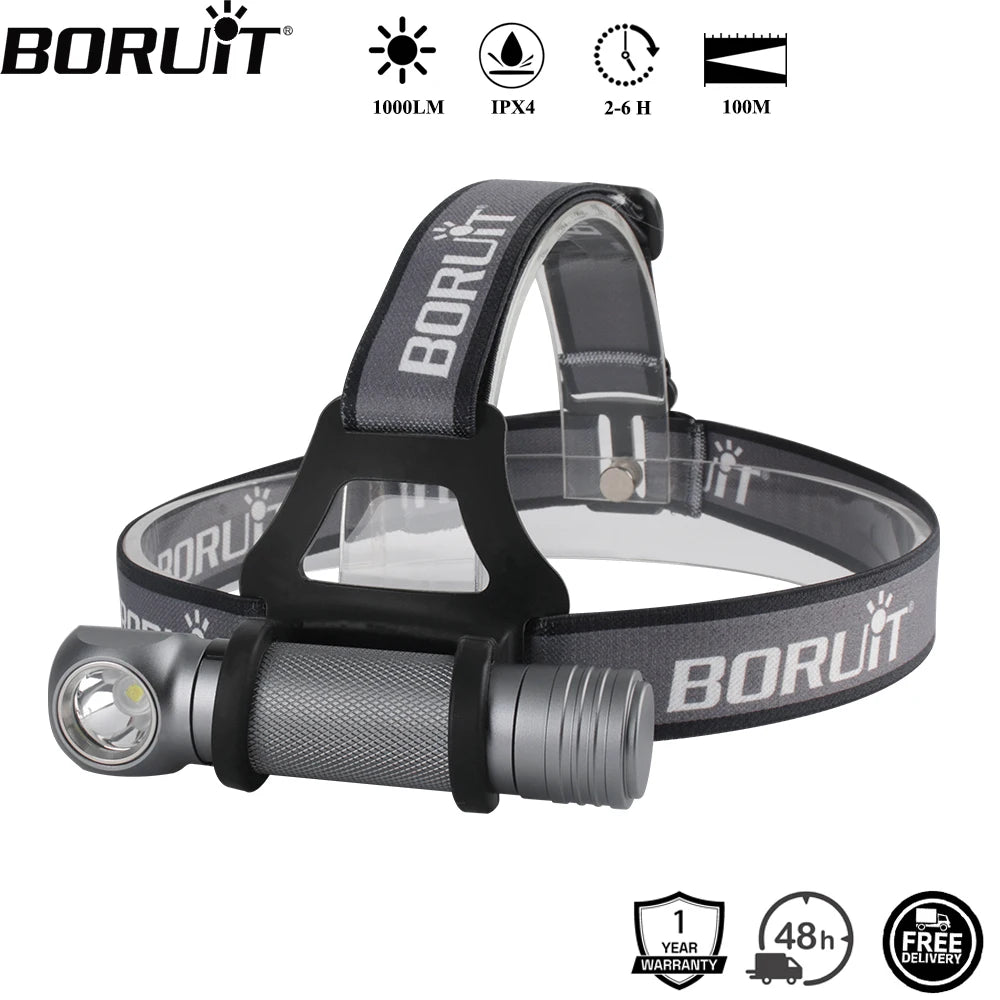 BORUiT 1000LM LED Headlamp Waterproof 3-Mode Right Angle Flashlight Lightweight Powerful Head Torch for Camping And Hunting