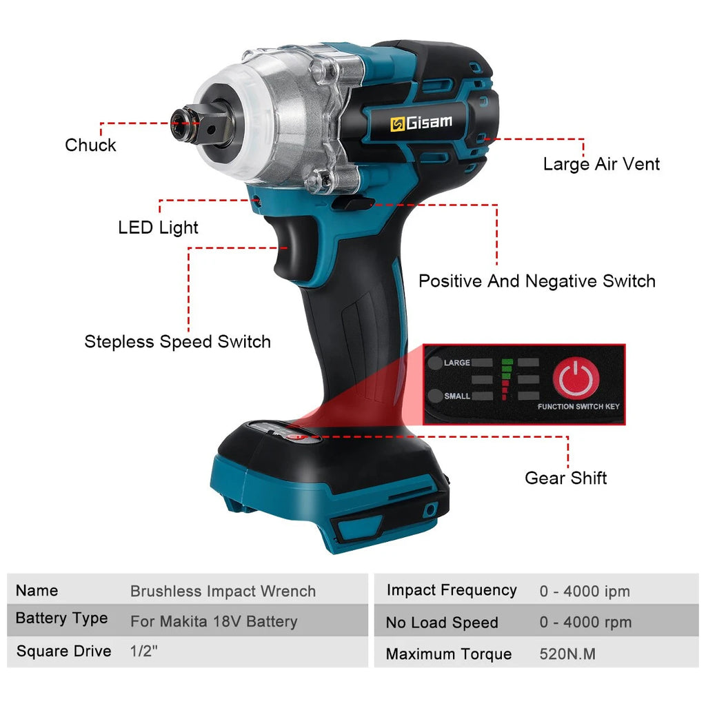 2 IN 1 Brushless Cordless Electric Impact Wrench 1/2 inch Socket Screwdriver Power Tools Without Battery For Makita 18V Battery