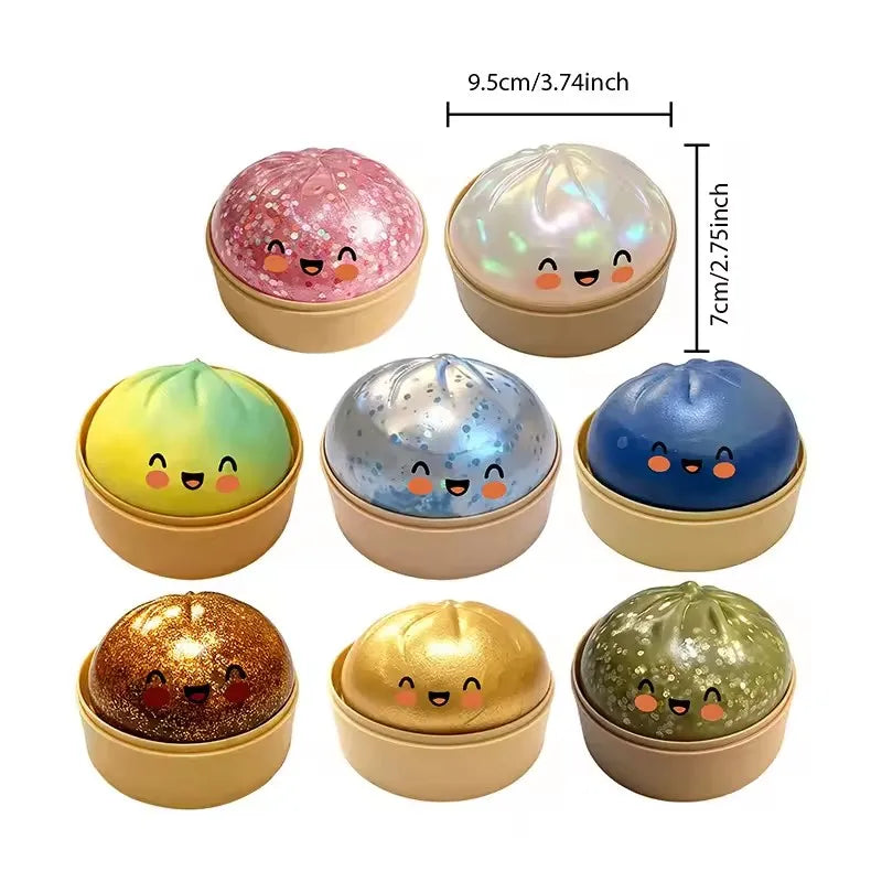 Dumpling shaped stress relief ball with slow bounce and soft touch, used for stress relief in office and home decor as an adult
