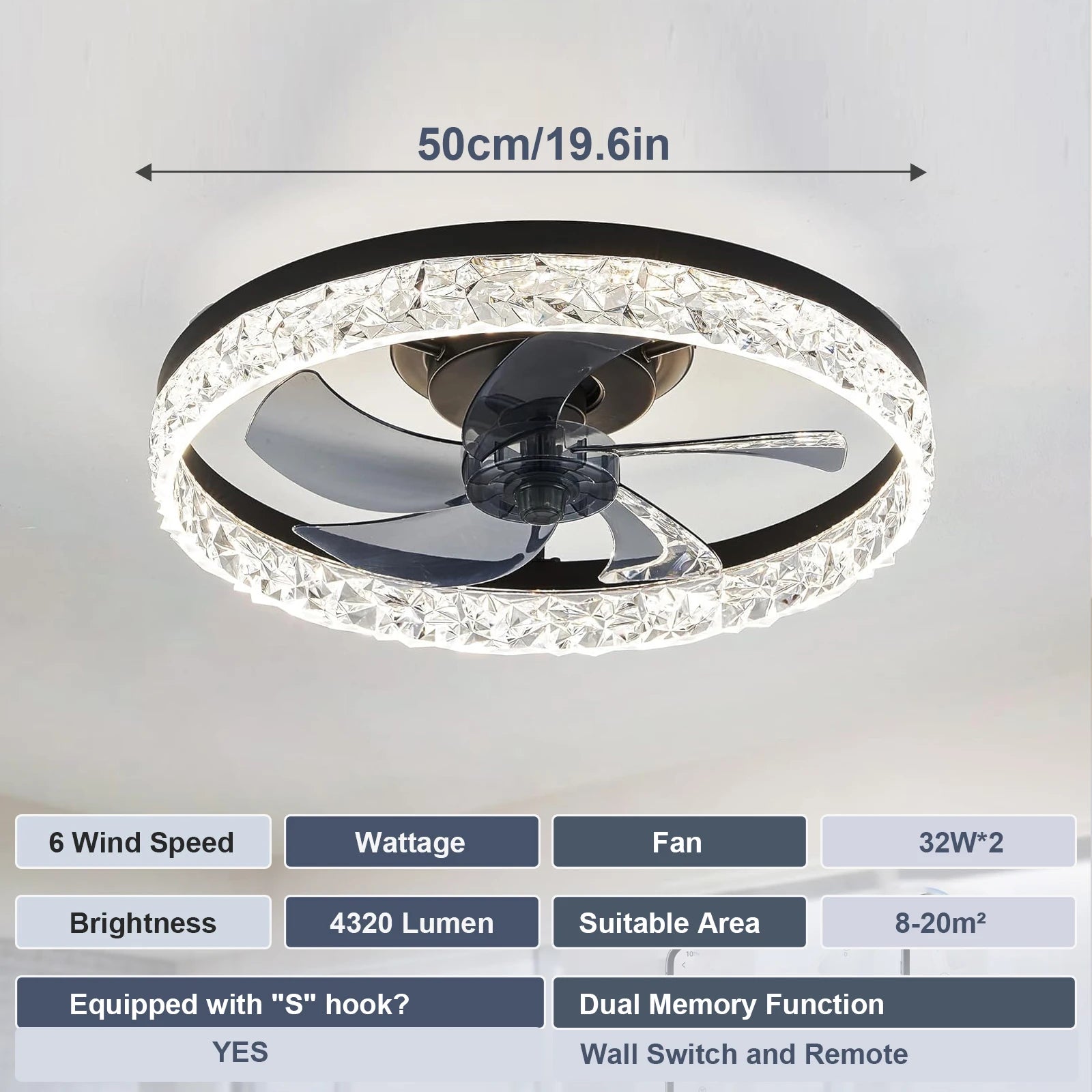 LED Ceiling Light Ceiling Fan Modern Simple Home Bedroom Remote Control Dimmable Fan Light 19.7 in