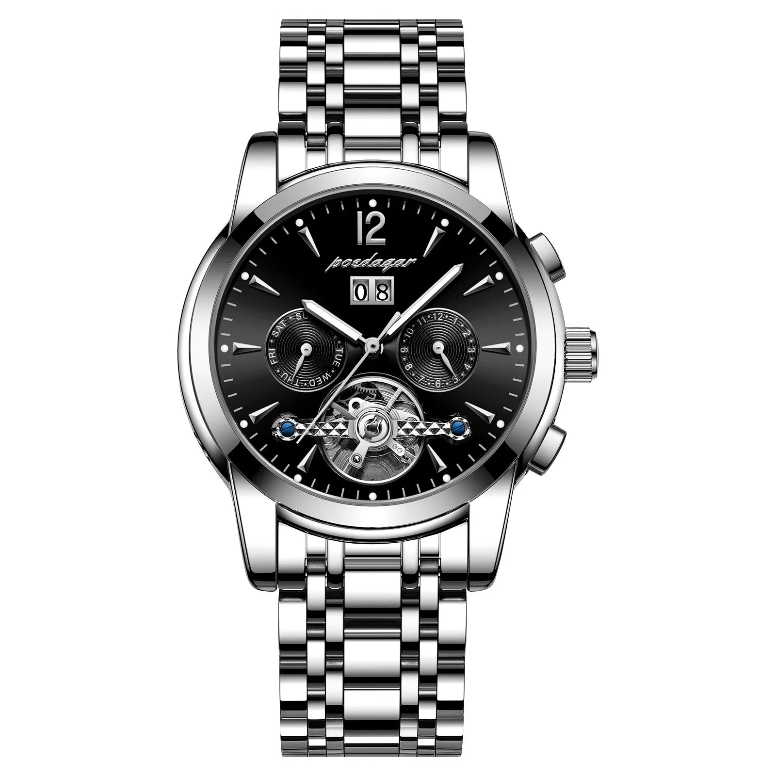POEDAGAR Automatic Mechanical Luxury Wristwatch Tourbillon Waterproof Date&Week Stainless Steel Men Watch Relogio Masculino+box