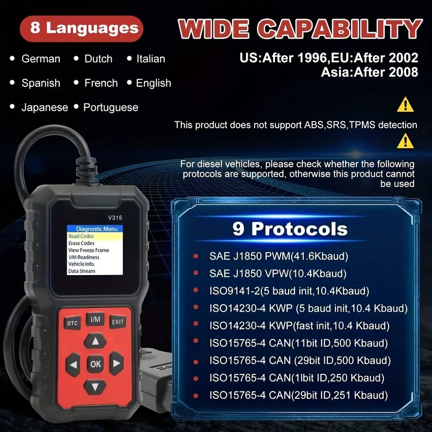 Car Diagnostic Scanner [V315]-10-Second Fault Code Reader, Suitable for 99% of Vehicles (Obd2/Eobd Compatible), Suitable for DIY Use and Professional Mechanics.