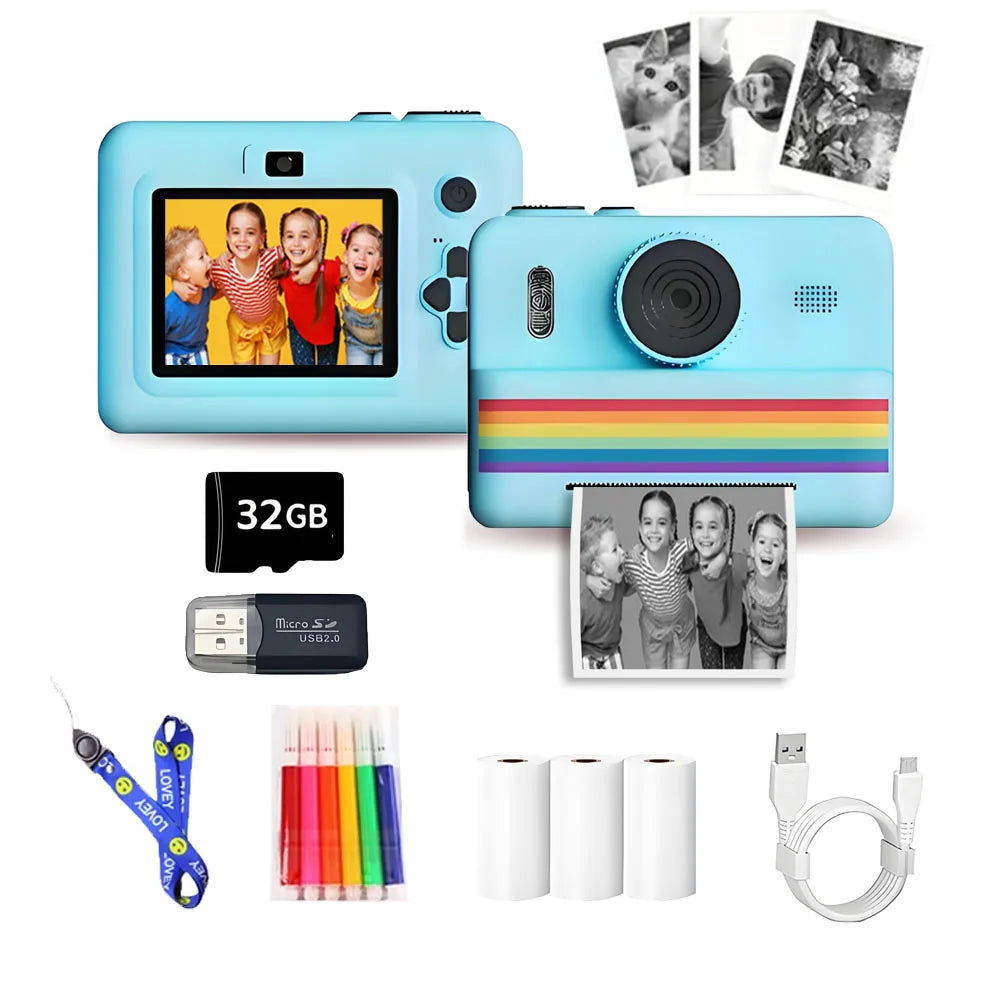 Kids Camera Instant Print Toy 2.8-Inch HD Screen With 32G Memory Card And 3 Rolls Of Printing Paper, Gift For Boys And Girls