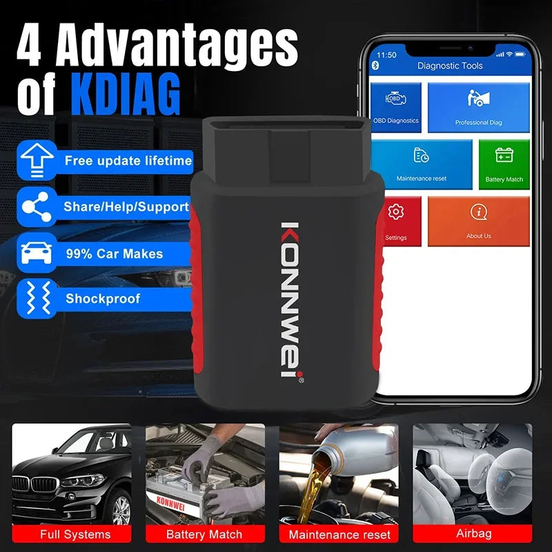 KONNWEI KDIAG Car OBD2 Diagnostic Tool Bluetooth Full System Auto Scanner Oil Reset SRS SAS EPB Service ECU TPMS Programmer Tool