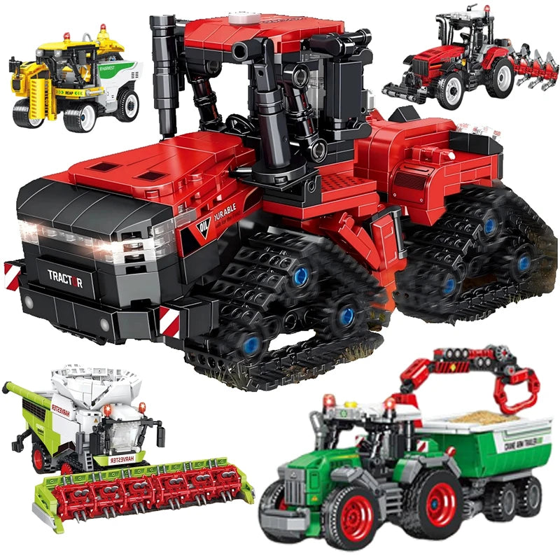 Educational Building Block Set Harvesting Locomotive with Five-Plow Tractor Cotton Picker Car Crane Arm Trailer for Kids Toy