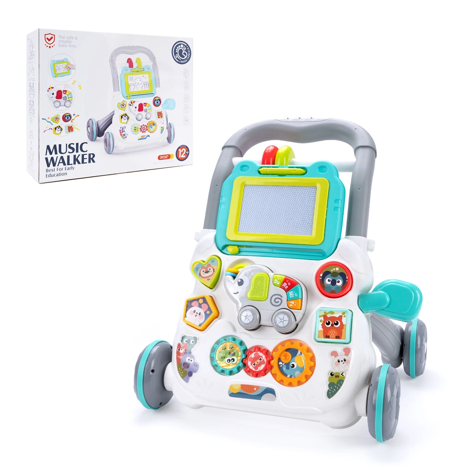 Cartoon Baby Push Walker Toy with Music Drawing Board Multifunction Activity Toddler Walker Learning Walk for 6M+ Infant