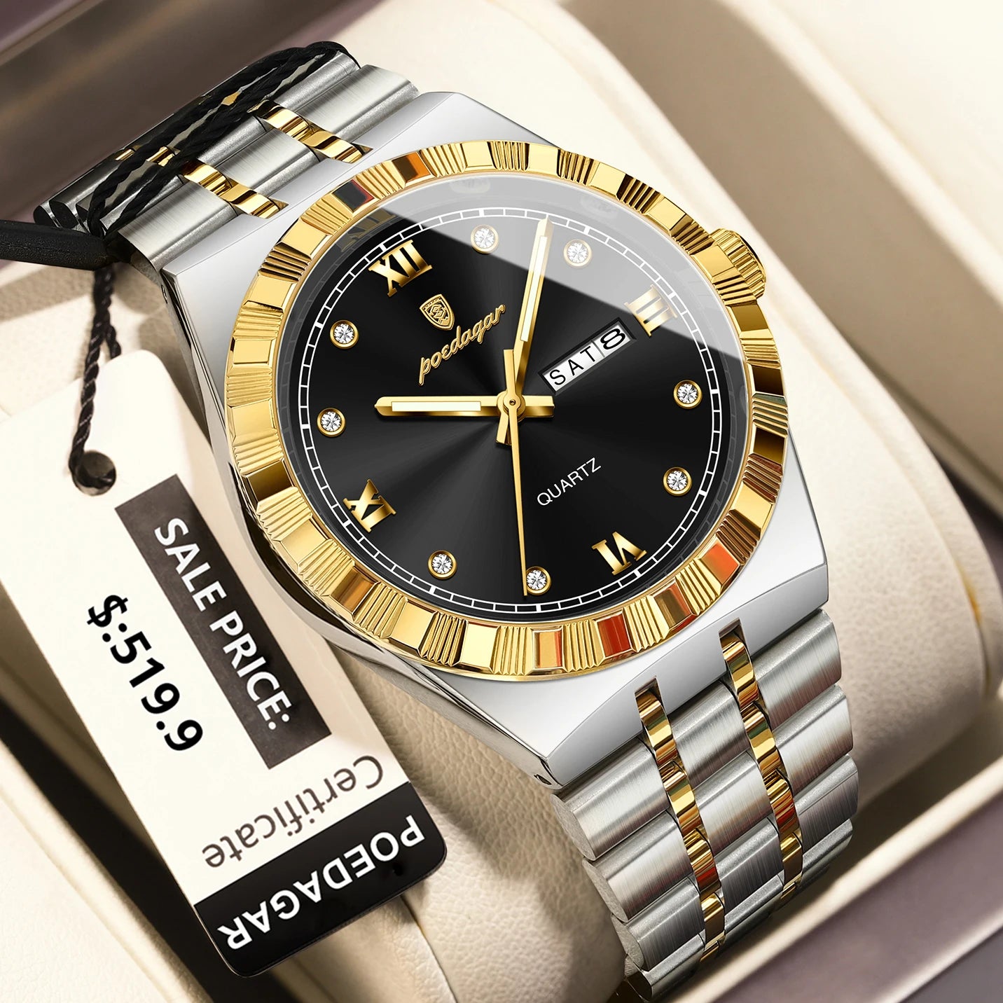 POEDAGAR Luxury Business Male Watch Waterproof Luminous Week Date Men's Wristwatch Stainless Steel Trendy Quartz Watches For Men
