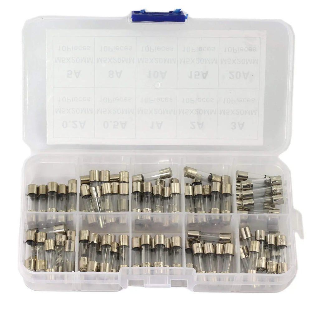 100/72 PCS Fast Blown Glass Fuse Combination Kit 5x20mm 250V 0.1 0.2 0.25 0.5 1 1.5 2 3 4 5 8 10 12 15 20 A In Clear Plastic Box