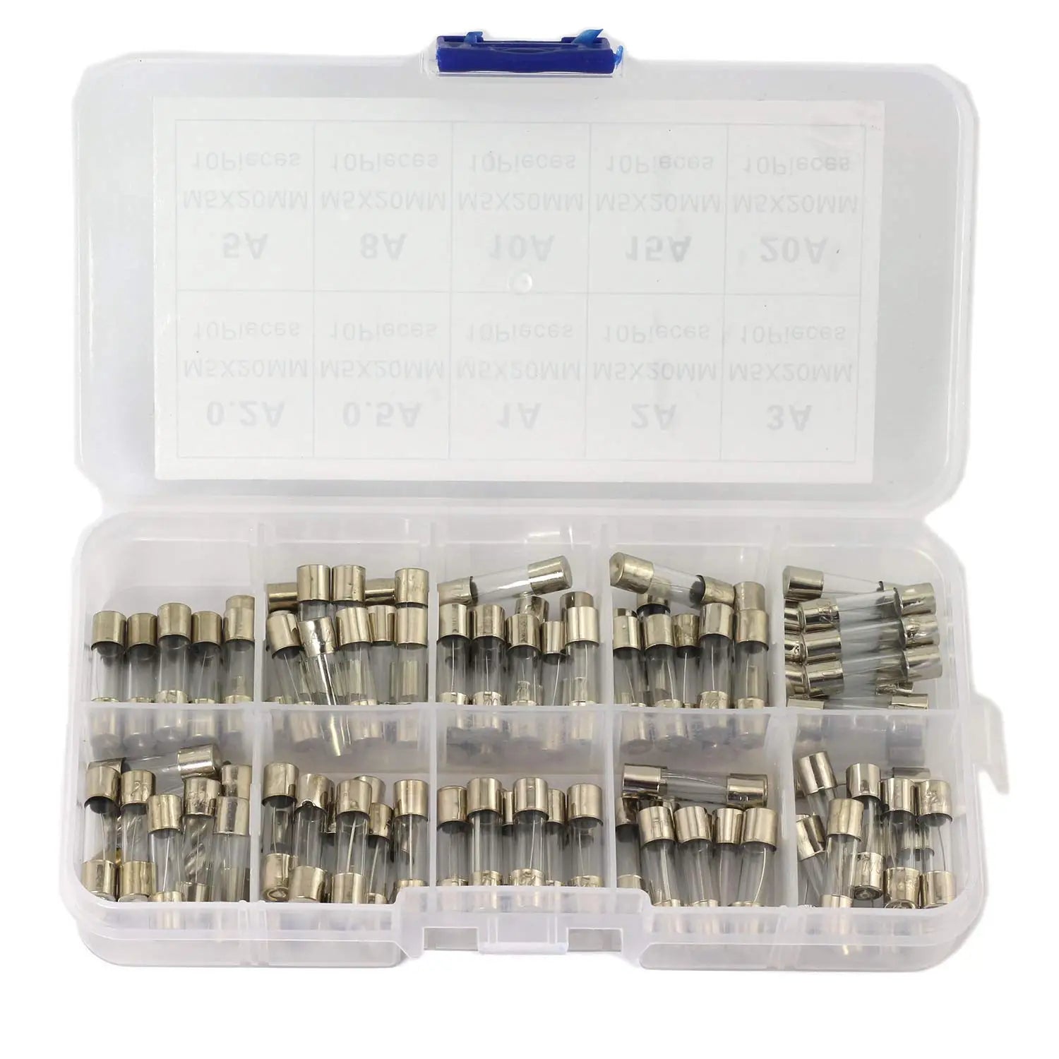 100/72 PCS Fast Blown Glass Fuse Combination Kit 5x20mm 250V 0.1 0.2 0.25 0.5 1 1.5 2 3 4 5 8 10 12 15 20 A In Clear Plastic Box