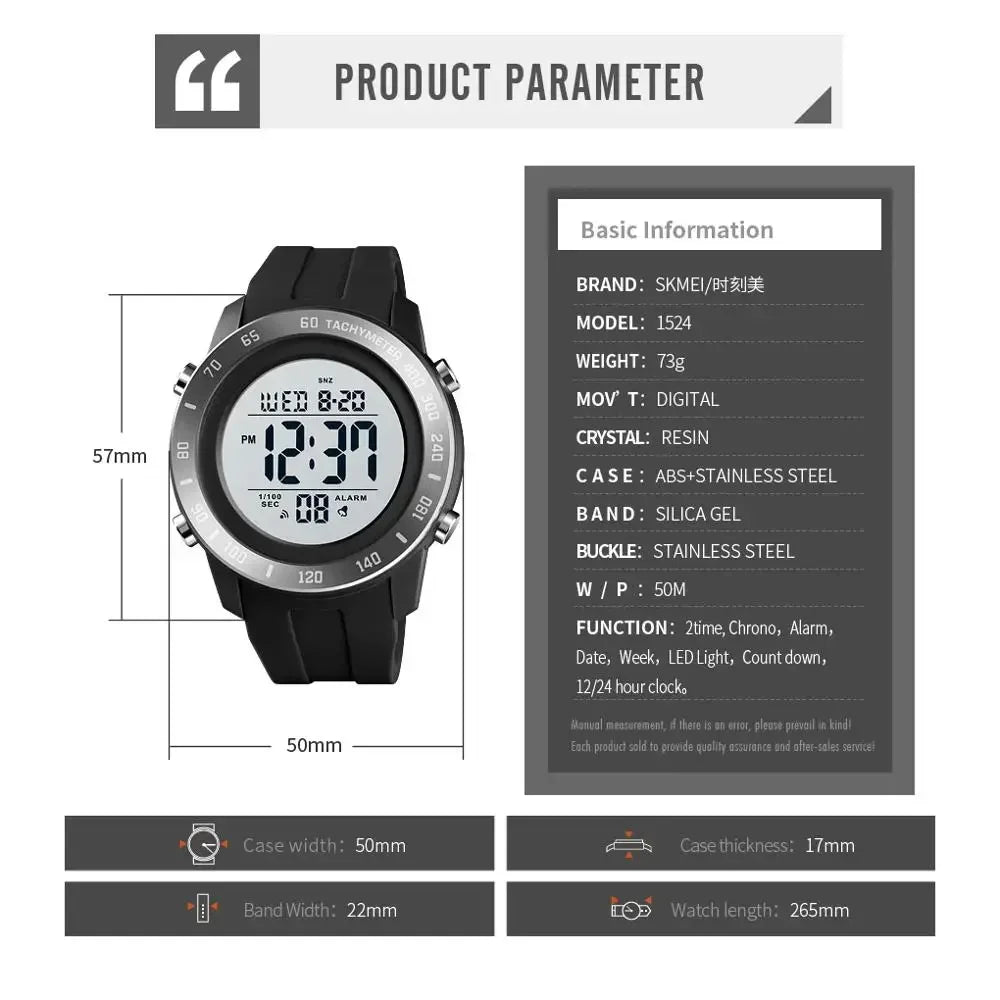 SKMEI 1524 For Mens Waterproof Chrono Count Down Male Hour montre homme Big Dial Sport Men Watch 2 Time LED Digital Wristwatches
