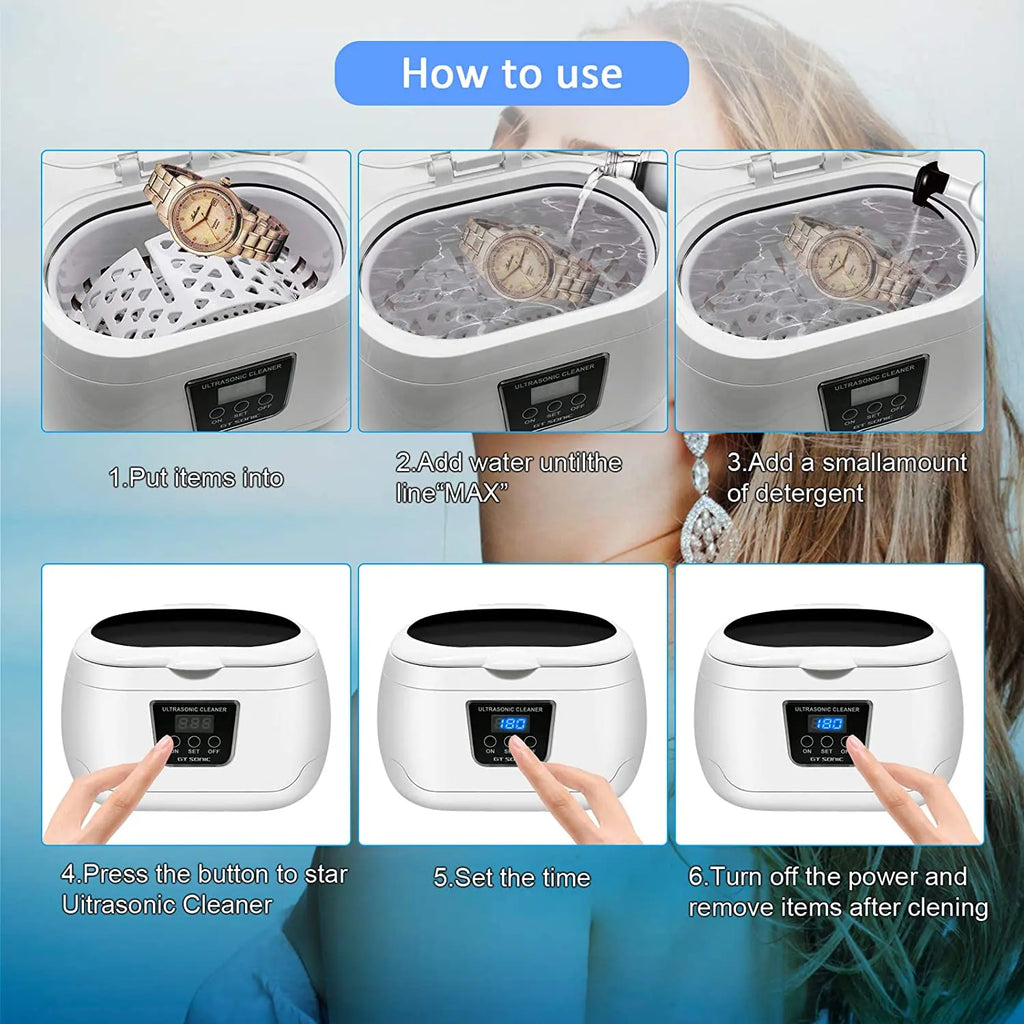GTSONIC 600ML Ultrasonic Cleaner Bath Timer for Jewelry Parts Glasses Manicure Stones Cutters Dental Razor Brush UltrasoundSonic
