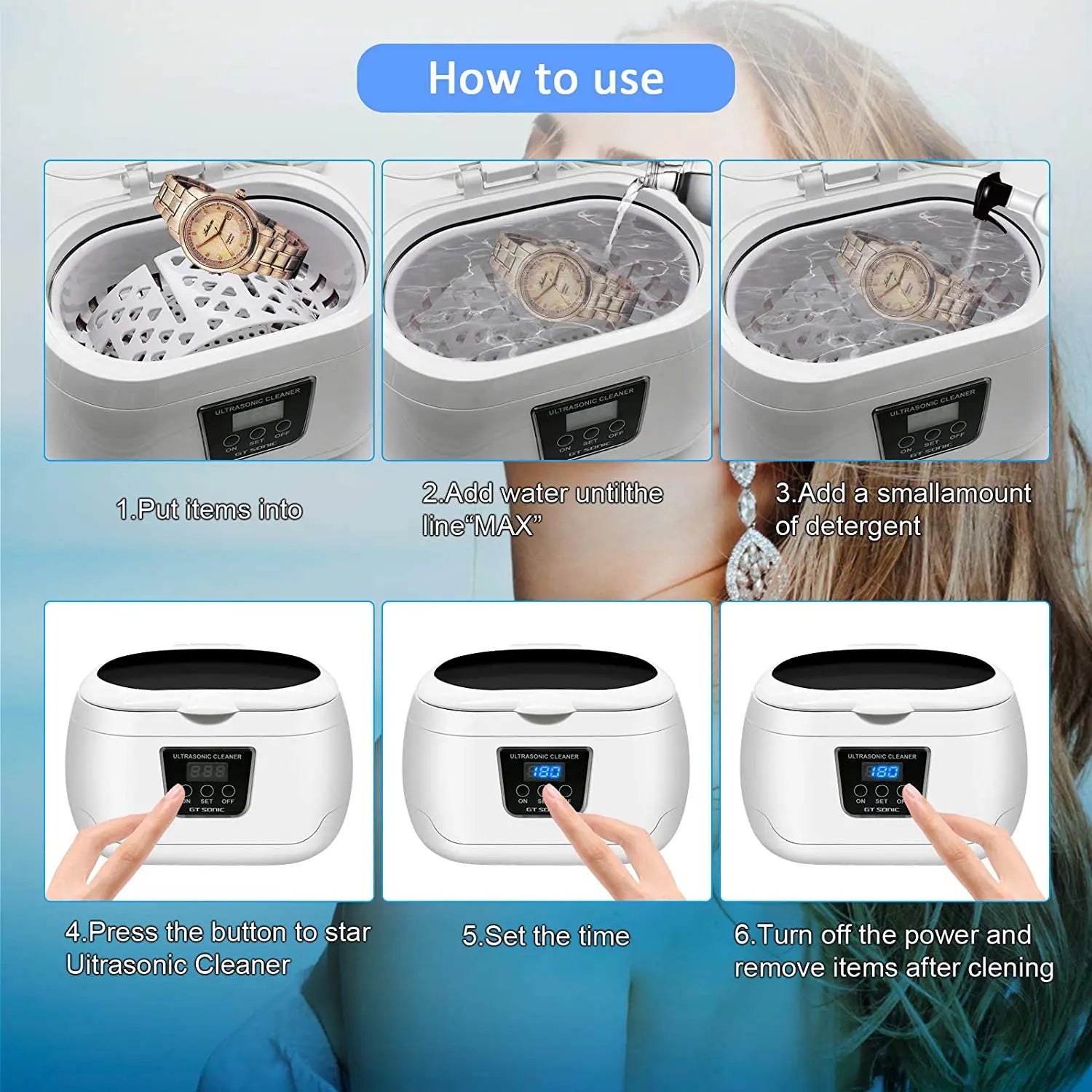 GTSONIC 600ML Ultrasonic Cleaner Bath Timer for Jewelry Parts Glasses Manicure Stones Cutters Dental Razor Brush UltrasoundSonic