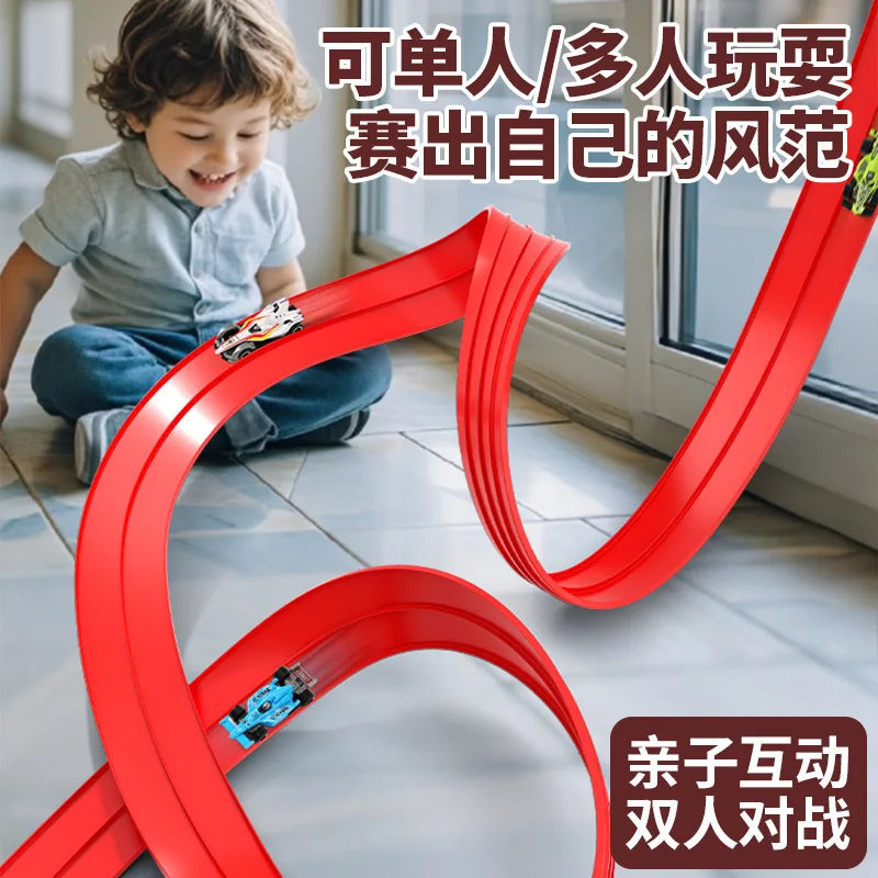 Diy Flexible Race Track Children Toys Double-Track Racing Car Ramp Track Compatible 1/64th Cars Portable Rolls Up Race Tracks