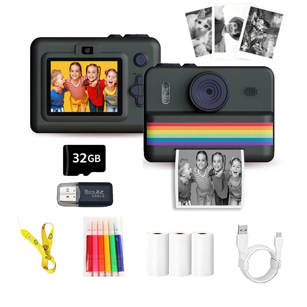 Kids Camera Instant Print Toy 2.8-Inch HD Screen With 32G Memory Card And 3 Rolls Of Printing Paper, Gift For Boys And Girls