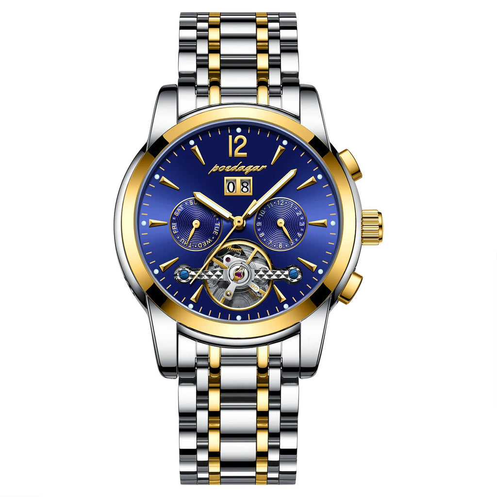 POEDAGAR Automatic Mechanical Luxury Wristwatch Tourbillon Waterproof Date&Week Stainless Steel Men Watch Relogio Masculino+box