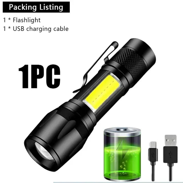 Powerful Mini LED Flashlight COBtXPEZoom Torch Built In Battery USB Rechargeable With Pen Clip Outdoor Camping Emergency Lamp