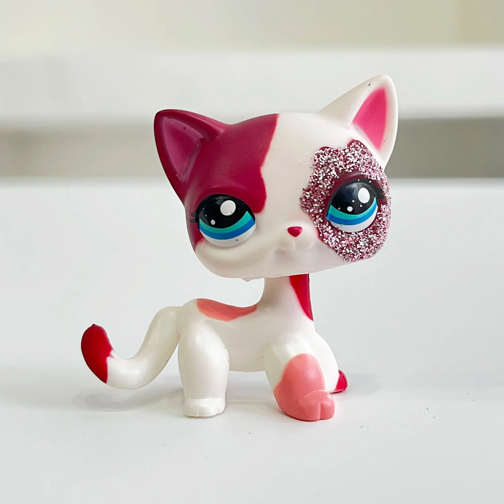 Rare original pet Bobble head toy standing Short Hair Cat #2291 White Pink Glitter kitty lps
