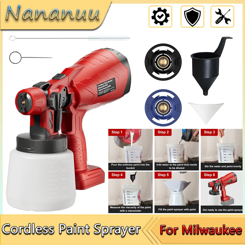 Nananuu 1000ML Cordless Spray Gun For Milwaukee 18V Battery Rechargeable Paint Sprayer For Car Home Windows Power Tool