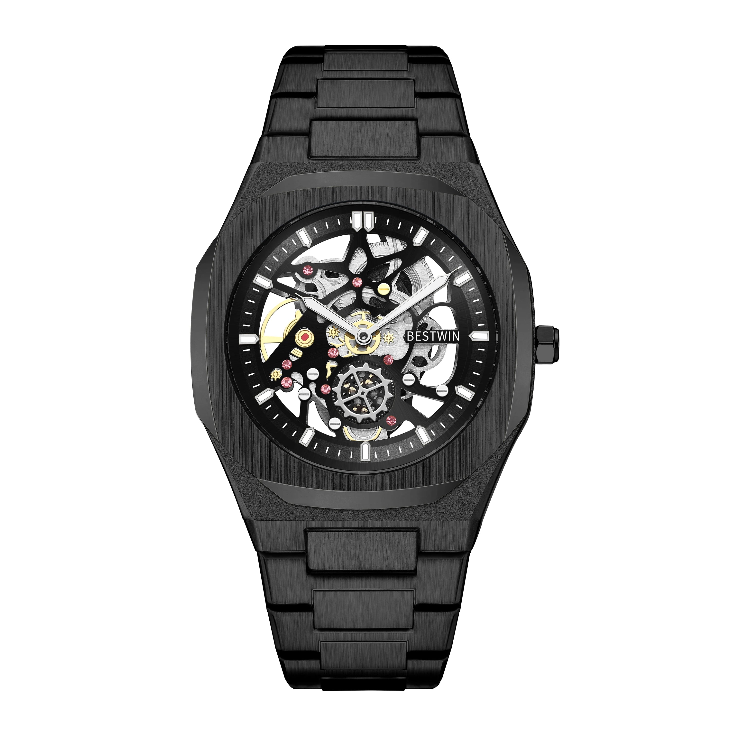 New Octagonal Design Quartz Wristwatches Men Golden Stainless Steel Dress Watch Date/Week Functions Luxury Diver's Clock Man