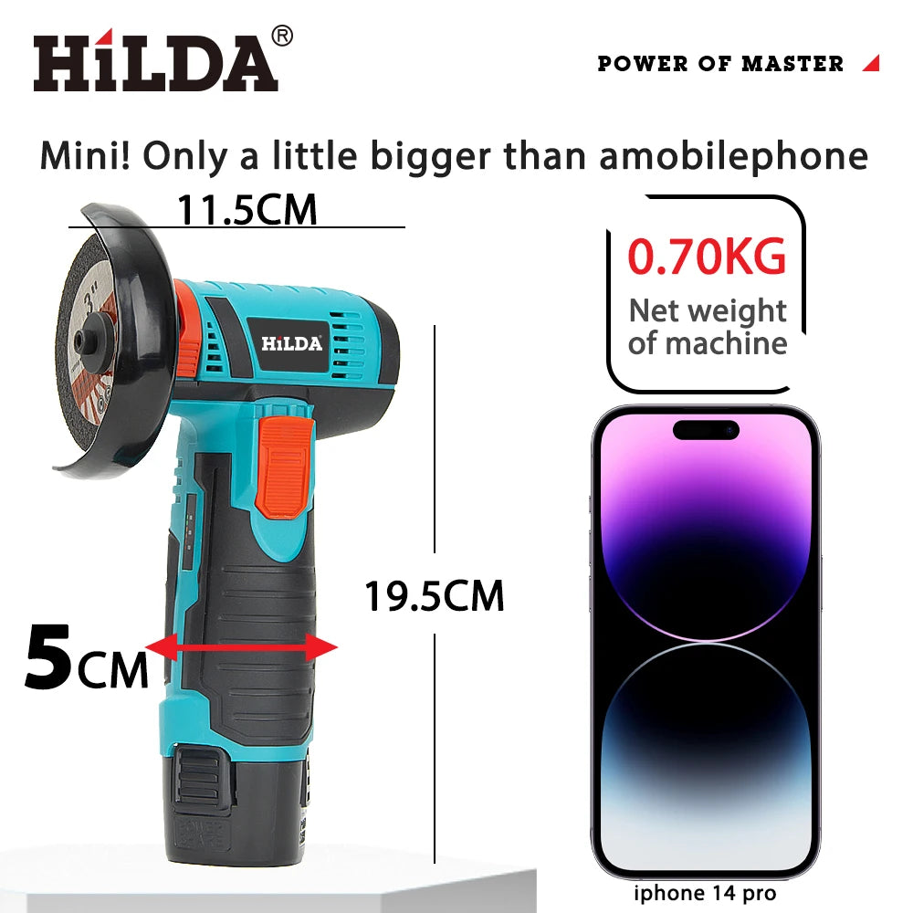 HILDA 12V 3/4 Inch Lithium Electric Angle Grinder Rechargeable Battery Brushless/Brushed Polishing Machine  Mini Cutting Machine