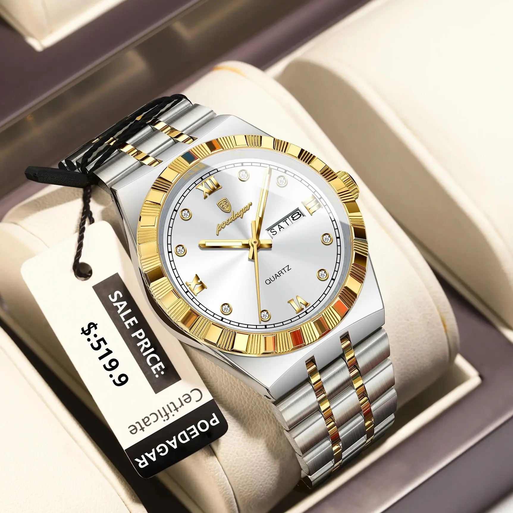 POEDAGAR Luxury Business Male Watch Waterproof Luminous Week Date Men's Wristwatch Stainless Steel Trendy Quartz Watches For Men